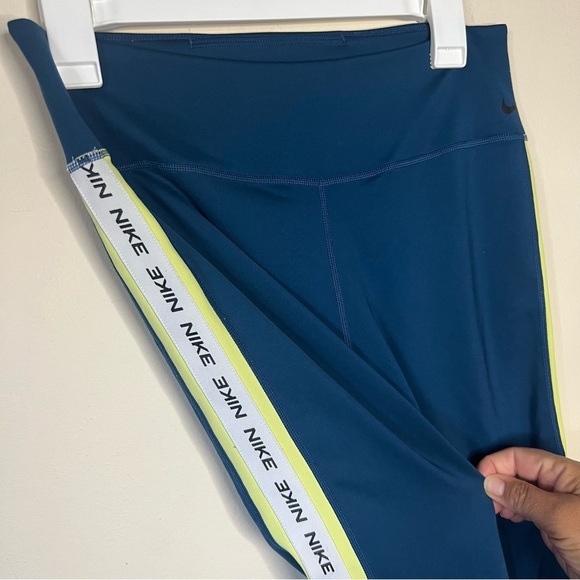 Nike Dri Fit Leggings Teal Striped White Neon Yellow Logo On Leg Size Large - Picture 8 of 15